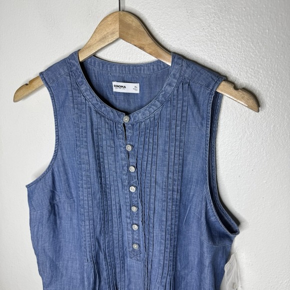 New Sonoma Denim Pintuck Sleeveless Mini Dress Pockets Women's XL Cotton Classic - Picture 2 of 8